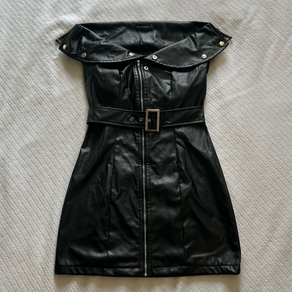 Faux Leather Off Shoulder Mini Dress